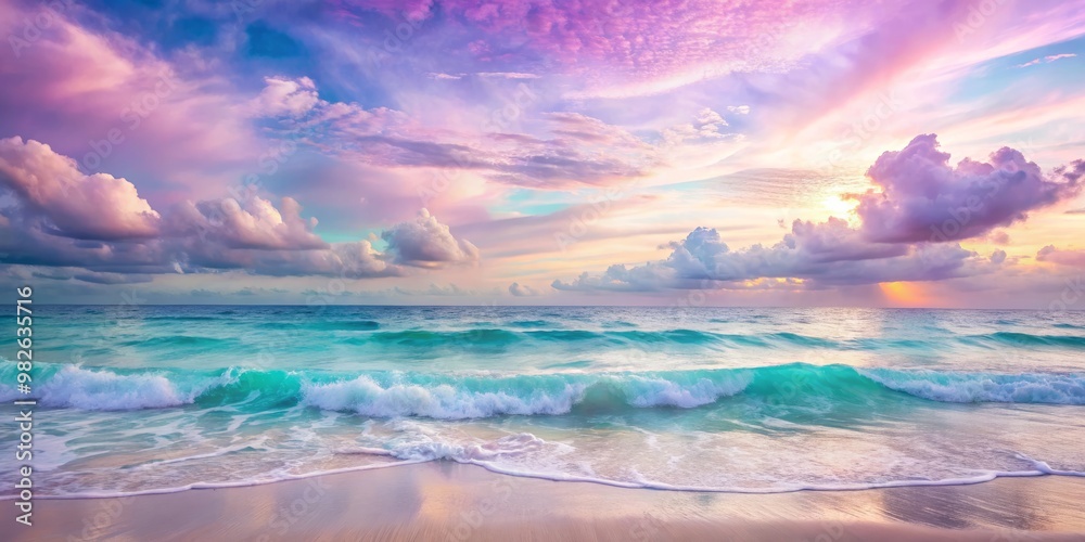 Obraz premium Soft pastel hues of turquoise and lavender dance across the canvas, as gentle waves and abstract shapes evoke a sense of serenity, capturing the ocean's calming essence in a dreamy