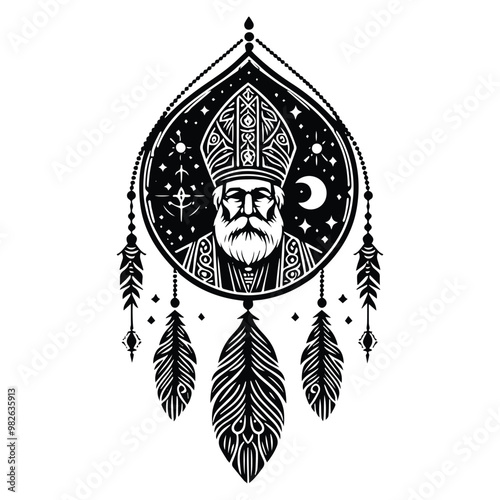 bishop with bohemian decoration in black and white illustrations, cutout graphic