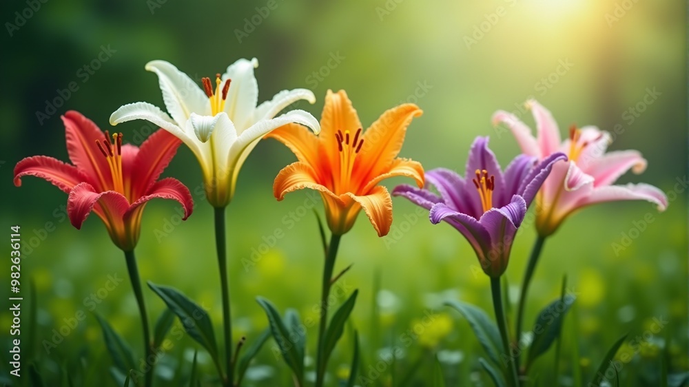a field of flowers of different colors, through the leaves of which the sun shines through. a field of flowers of different colors, through the leaves of which the sun shines through.