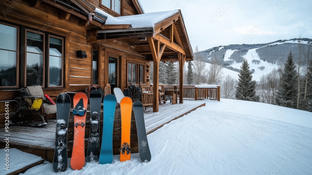 Naklejka premium Wooden cabin in a snowy mountain setting with six snowboards leaning against the porch railing, overlooking snow-covered trees and ski slopes.