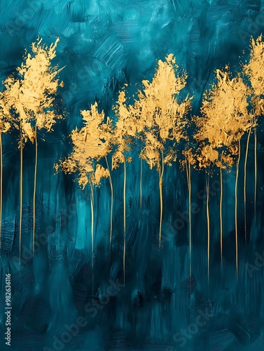 Golden Trees on Teal Abstract Background Art