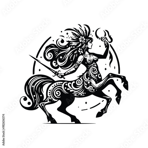 Centaur female warrior with bohemian decoration decoration in black and white illustrations, cutout graphic black and white illustration