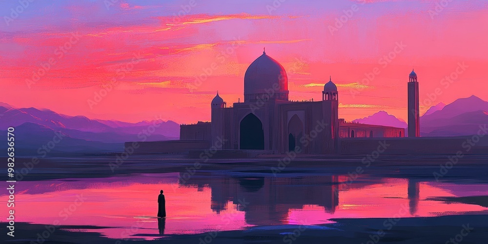 Obraz premium Silhouette of a mosque against a colorful sunset.