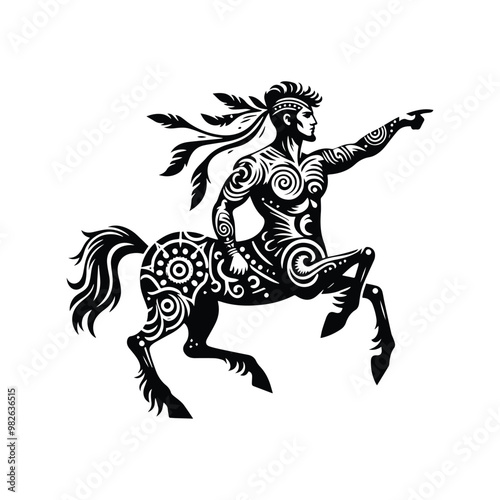 Centaur Male warrior with bohemian decoration decoration in black and white illustrations, cutout graphic black and white illustration