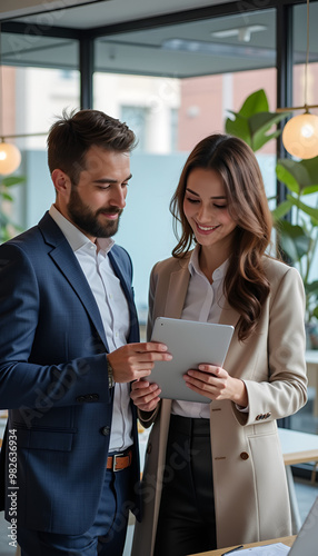 businessman and European businesswoman discussing project on tablet in office. Two diverse partners colleagues of confident professional businesspeople work together