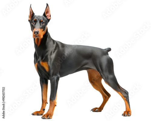 Doberman pincher standing and looking at camera, isolated on white background 