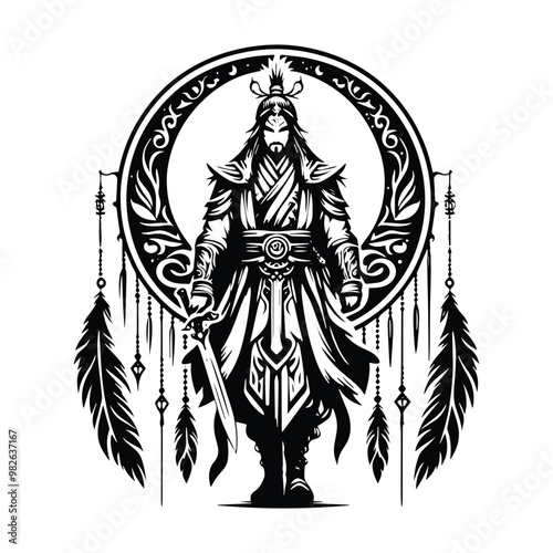 chinese warior male with bohemian decoration in black and white illustrations, cutout graphic d