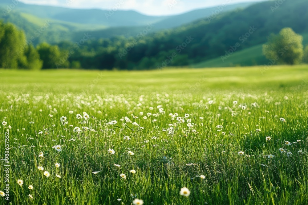 Beautiful green meadow with wild daisies growing in the countryside Beautiful green meadow with wild daisies growing in the countryside
