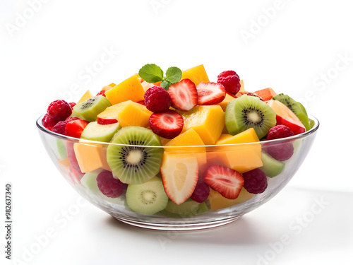 Bowl with fruit salad on white background 