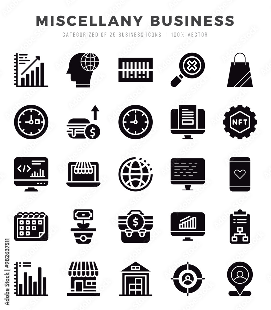 Miscellany Business Glyph icons collection. Glyph icons pack. Vector illustration Miscellany Business Glyph icons collection. Glyph icons pack. Vector illustration