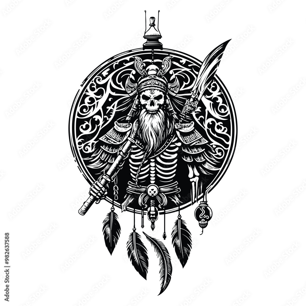 Fototapeta premium chinese warior skeleton with bohemian decoration in black and white illustrations, cutout graphic s