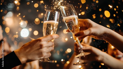 New Year Party, Clinking glasses of champagne in hands at New Year party