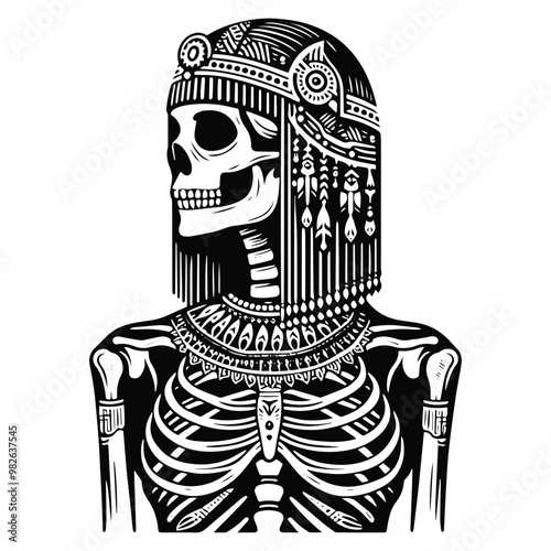 cleopatra skeleton with bohemian decoration decoration in black and white illustrations, cutout graphic