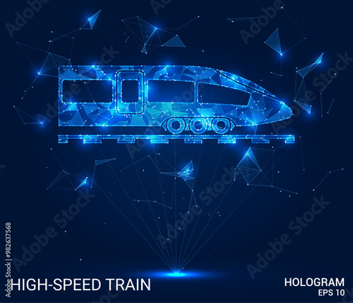 Hologram high-speed train. High-speed train made of polygons, triangles, dots, and lines. Low-poly high-speed train structure of connections. Technology concept vector.