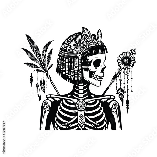 cleopatra skeleton with bohemian decoration decoration in black and white illustrations, cutout graphic