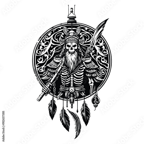 chinese warior skeleton with bohemian decoration in black and white illustrations, cutout graphic s