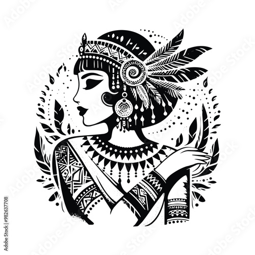 cleopatra with bohemian decoration decoration in black and white illustrations, cutout graphic