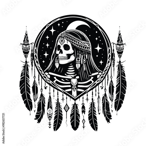 cleopatra skeleton with bohemian decoration in black and white illustrations, cutout graphic