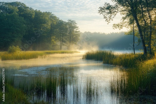 Golden sunlight illuminating foggy lake at sunrise