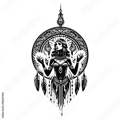 cleopatra with bohemian decoration in black and white illustrations, cutout graphic