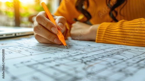 Close-up of a hand drawing detailed architectural plans with a pencil on a large blueprint. Focus on precision and technical skill, representing creative planning and construction design in progress.