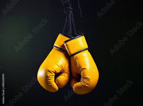 Pair of yellow boxing gloves hanging on a rope