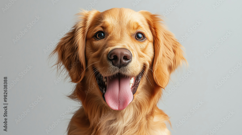 happy golden retriever puppy looking directly at the camera, tongue out, with bright eyes and a friendly expression. The puppy's coat is shiny and golden, and the background is neutral happy golden retriever puppy looking directly at the camera, tongue out, with bright eyes and a friendly expression. The puppy's coat is shiny and golden, and the background is neutral