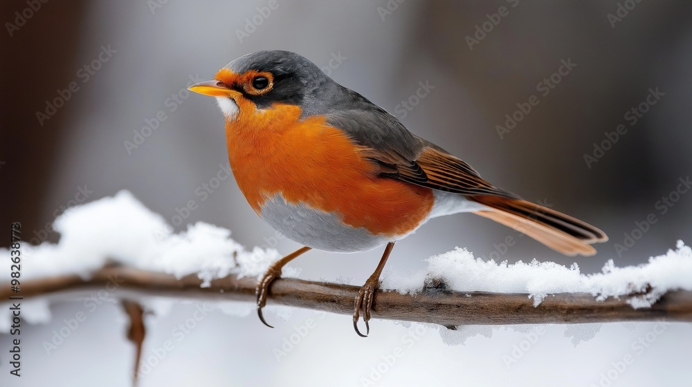 Fototapeta premium Close-up of a robin bird with a vibrant orange breast and grey plumage perched on a snow-covered branch during winter.