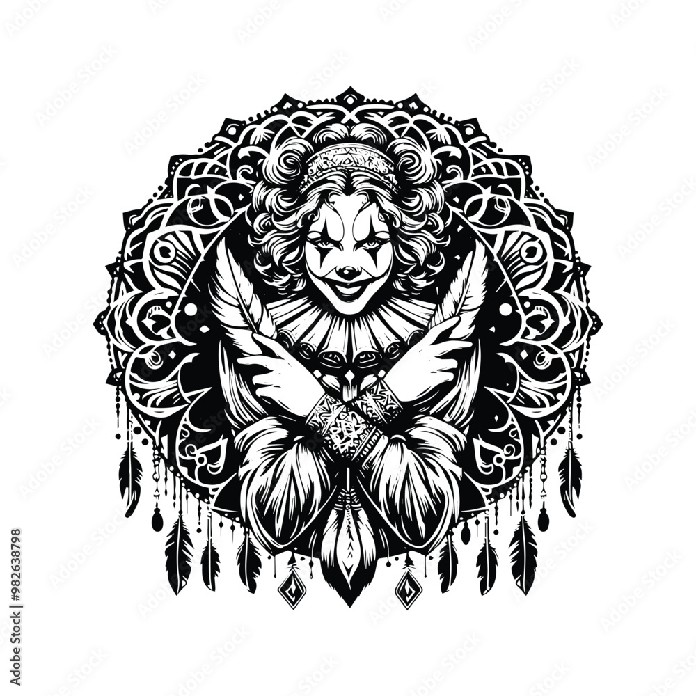 Fototapeta premium crazy clown female inside bohemian decoration in black and white illustrations, cutout graphic