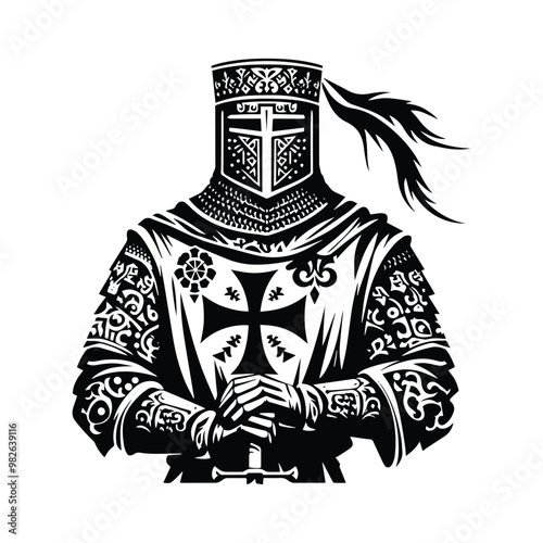Crusader Templars Knights male with bohemian decoration decoration in black and white illustrations, cutout graphic black and white illustration