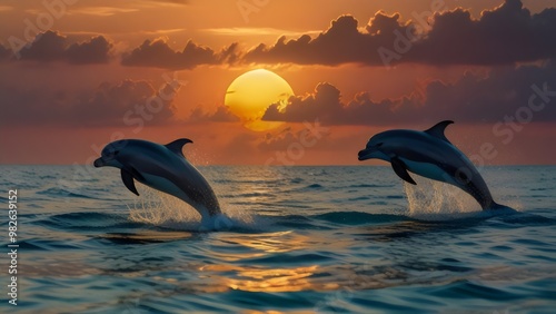 A group of dolphins leaping out of the turquoise ocean against a backdrop of a tropical sunset, with vibrant colors reflecting in the water. photo