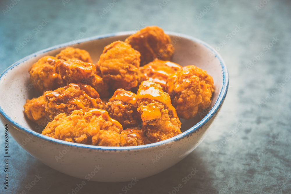 Laksa Popcorn chicken with Laksa Mayonnaise Dip served in a bowl. Laksa Popcorn chicken with Laksa Mayonnaise Dip served in a bowl.