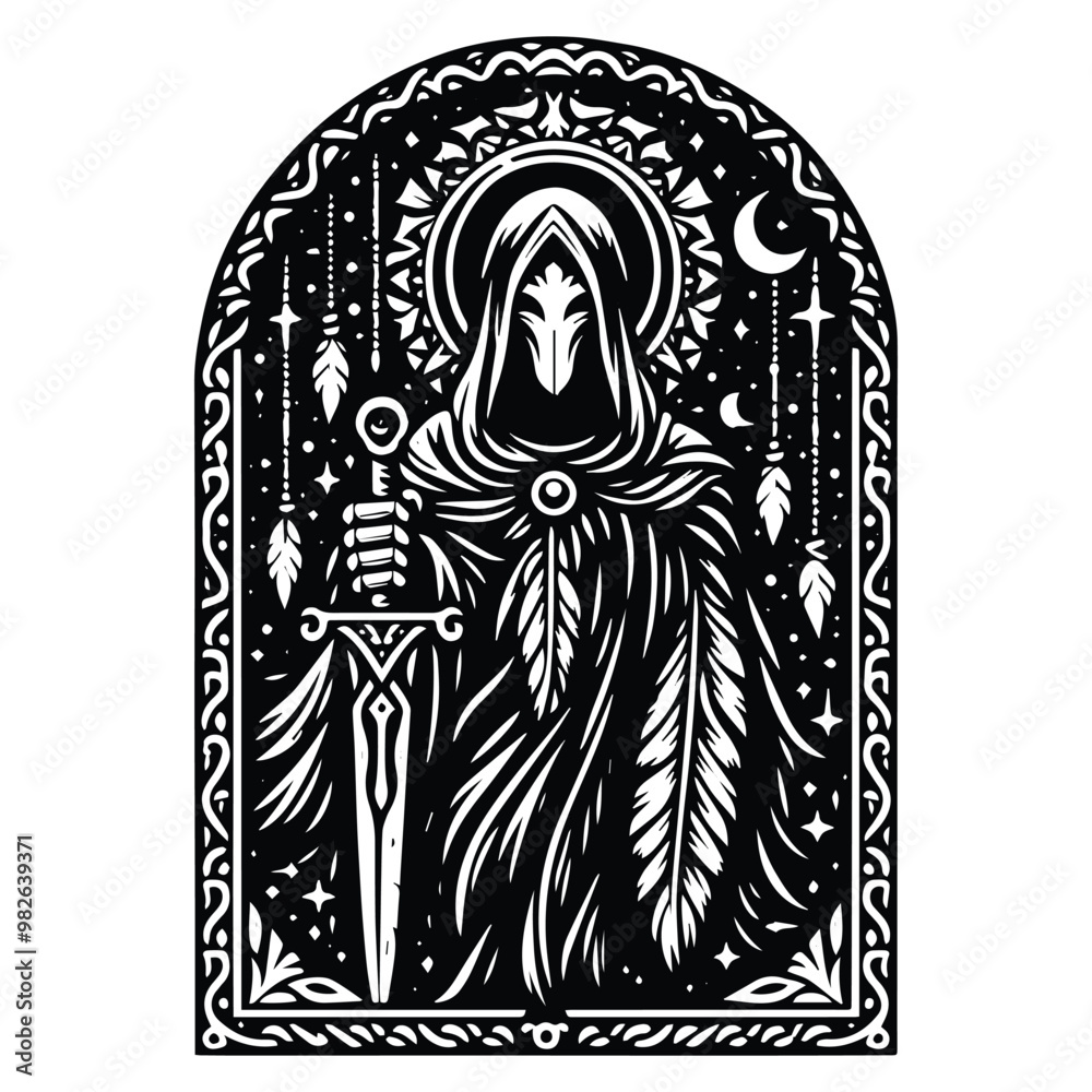 Fototapeta premium death knight with bohemian decoration in black and white illustrations, cutout graphic