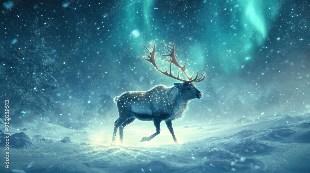 A majestic reindeer walking gracefully through a snowy landscape under the captivating aurora borealis.