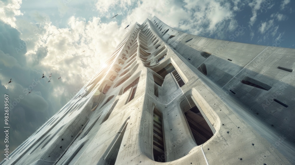 Naklejka premium Dramatic Futuristic Skyscraper Against Cloudy Sky in Urban Landscape