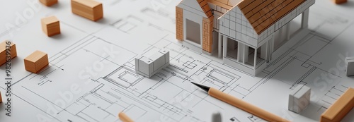 House Model on Architectural Blueprint: Home Design and Construction