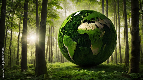 Green globe nestled in leafy embrace, a verdant planet Earth painted on bark