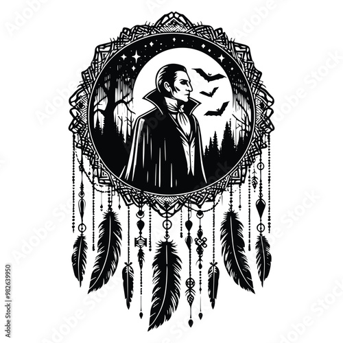 dracula with bohemian decoration in black and white illustrations, cutout graphic