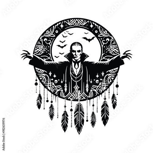 dracula with bohemian decoration in black and white illustrations, cutout graphic