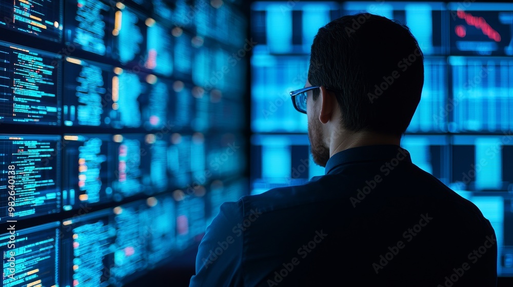 A focused individual gazes at a display of digital data, surrounded by bright screens showcasing complex information. A focused individual gazes at a display of digital data, surrounded by bright screens showcasing complex information.