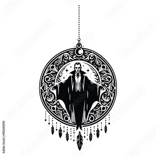 dracula with bohemian decoration in black and white illustrations, cutout graphic w