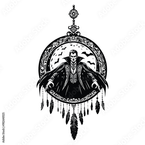 dracula with bohemian decoration in black and white illustrations, cutout graphic w