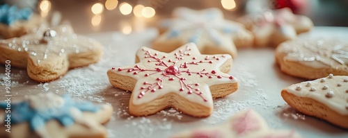 Festive star-shaped cookies decorated with colorful icing and sprinkles, perfect for holiday celebrations and gatherings.