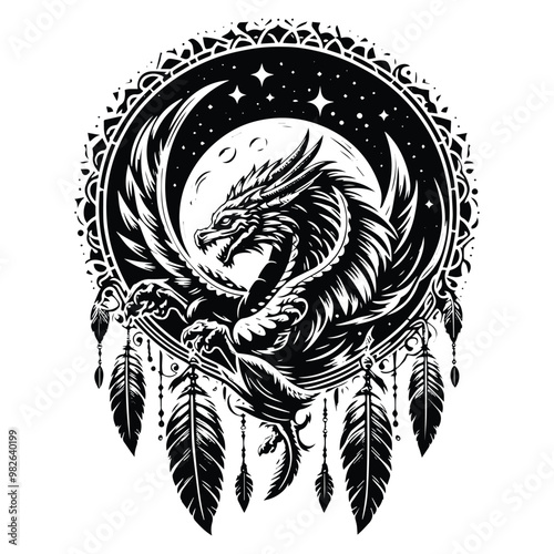 dragon with bohemian decoration in black and white illustrations, cutout graphic h
