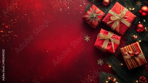 Christmas gift boxes, red green white, blue with decoration background. Winter holidays idea. Minimal Christmas and New Year celebration concept. With copy space.