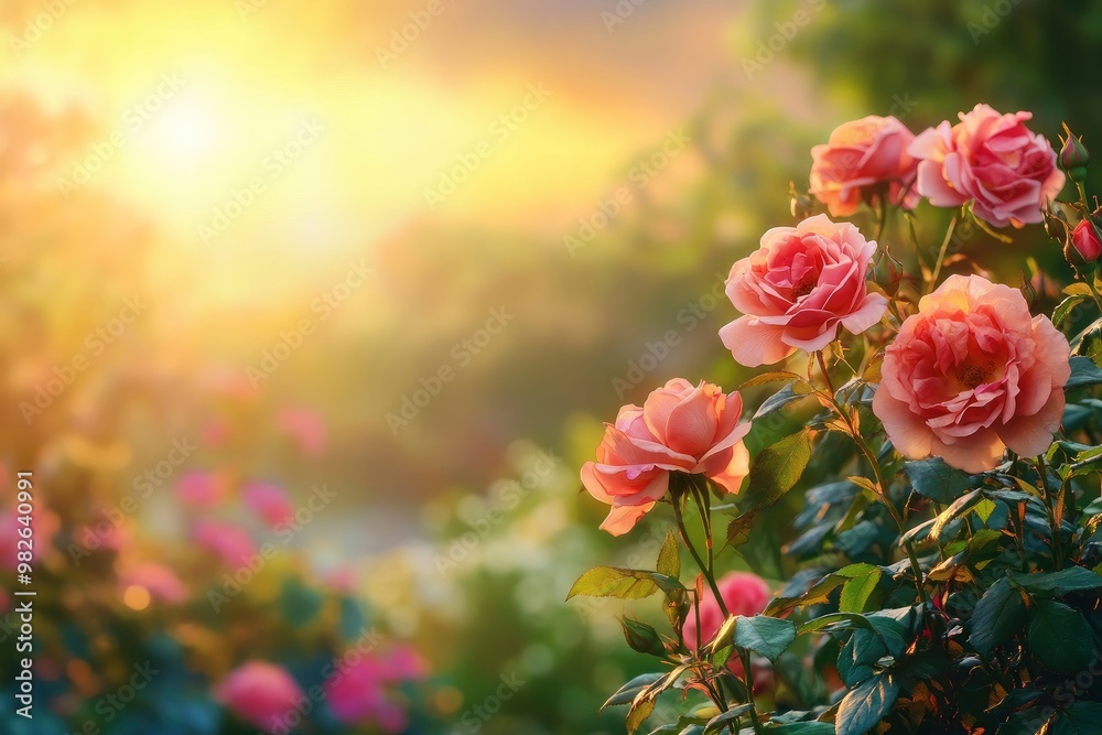 Colorful roses blooming in the garden at sunset. Nature background with generative ai Colorful roses blooming in the garden at sunset. Nature background with generative ai