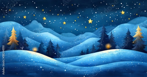 Winter wonderland with stars and snowy landscape photo