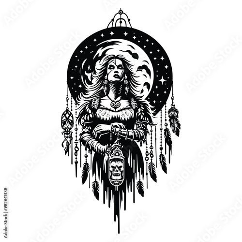 frankenstain female with bohemian decoration in black and white illustrations, cutout graphic