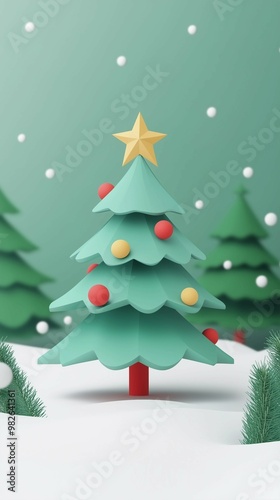 Illustration of cute Christmas tree,minimalistic design,copy space,banner,holiday,New Year.