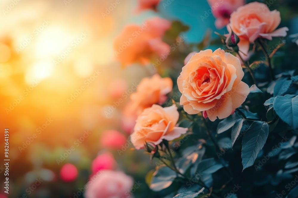Colorful roses blooming in the garden at sunset. Nature background with generative ai Colorful roses blooming in the garden at sunset. Nature background with generative ai